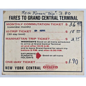 New York Central Fares To Grand Central Terminal Price Sign Paper